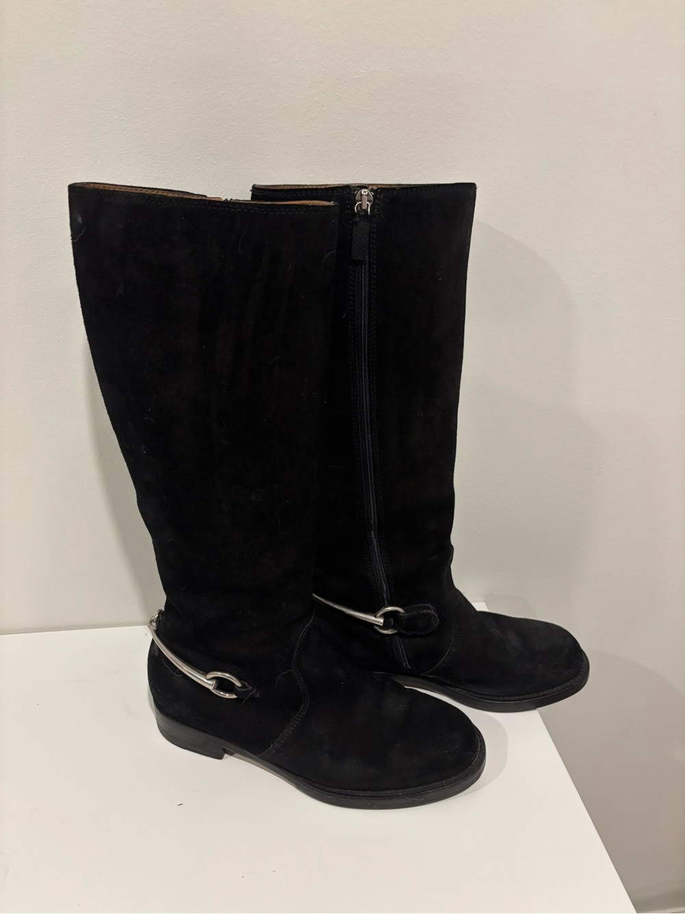 Gucci Black Suede Knee-High Boots with Silver Horsebit